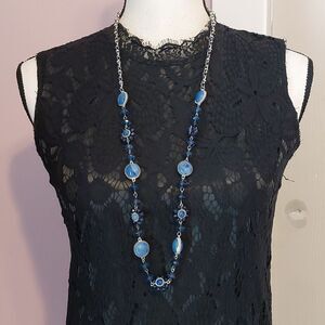 Blue Acrylic Crystals Flower Station Silver Tone Long Necklace